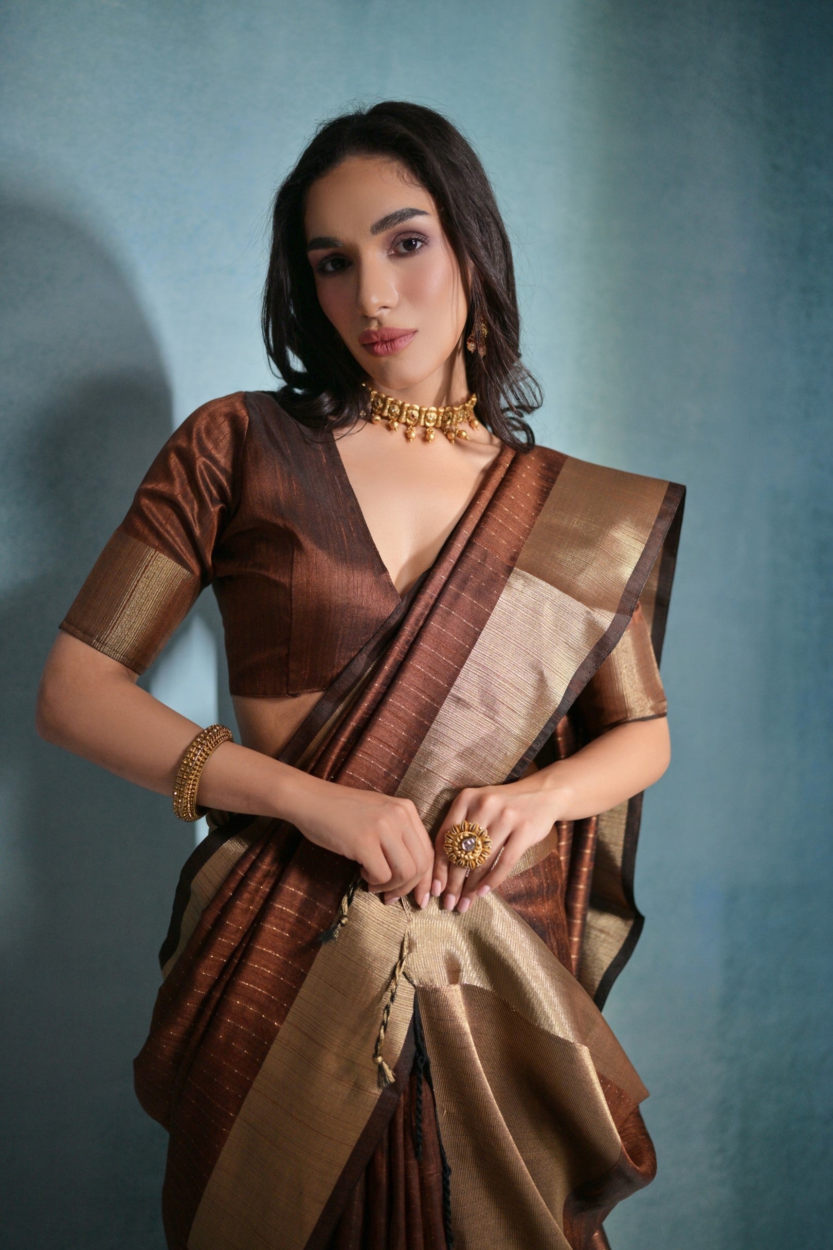 Buy MySilkLove Coco Brown Woven Raw Silk Saree Online