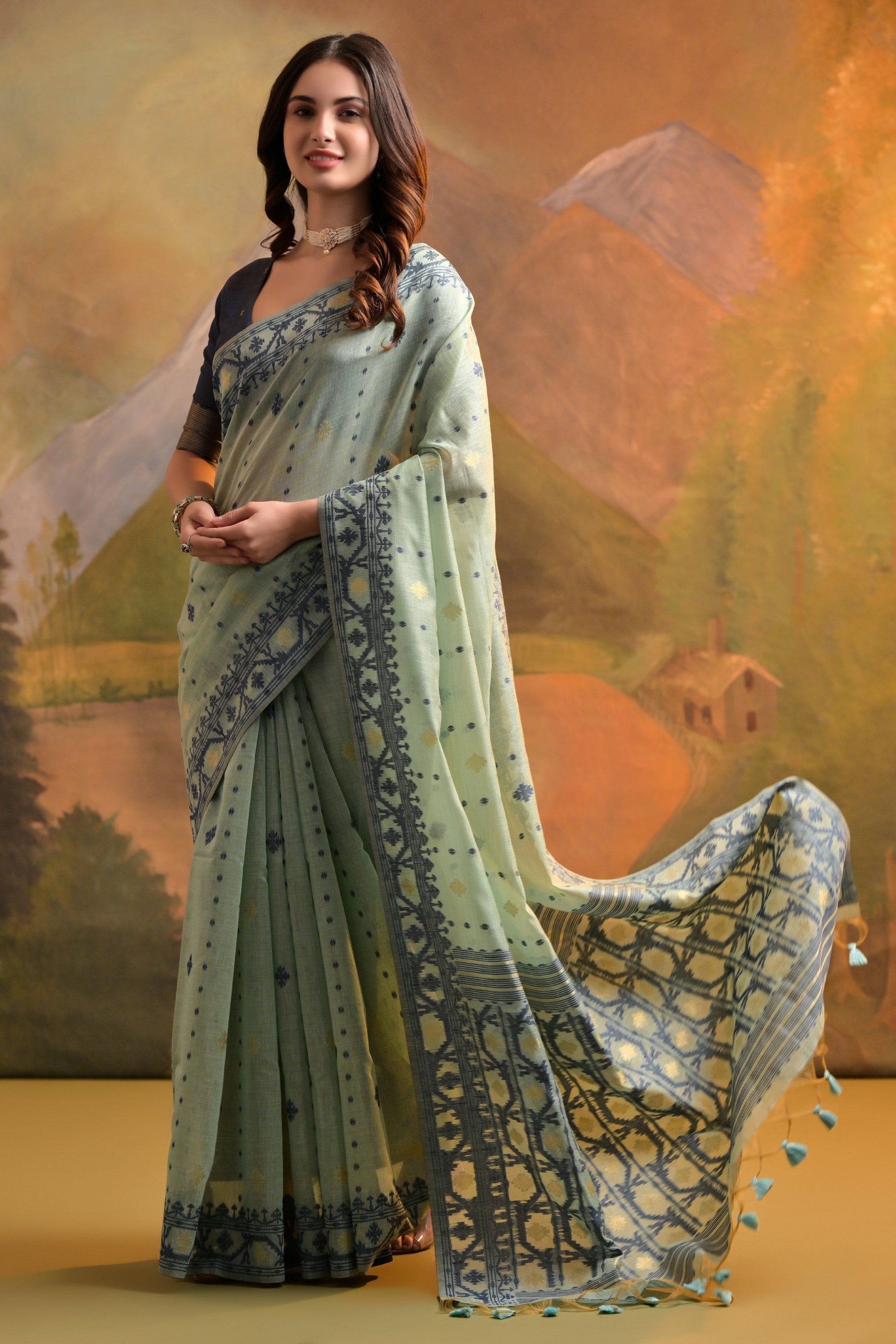 MySilkLove Eagle Green Jamdani Woven Muga Cotton Saree