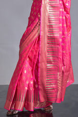 Hot Pink Banarasi Handloom Temple Border Silk Saree
