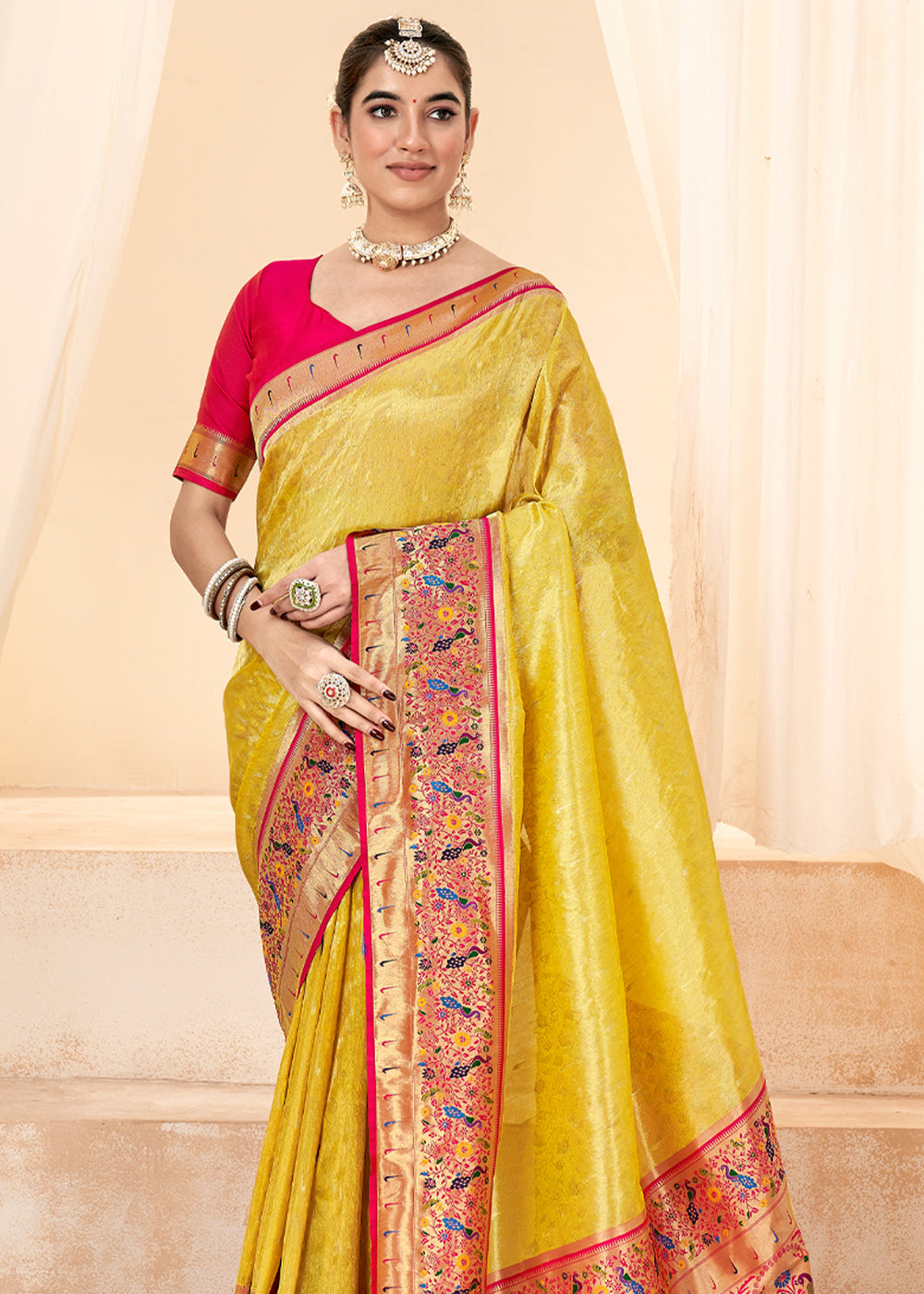 Buy MySilkLove Sunset Pearl Yellow Woven Paithani Tissue Silk Saree Online