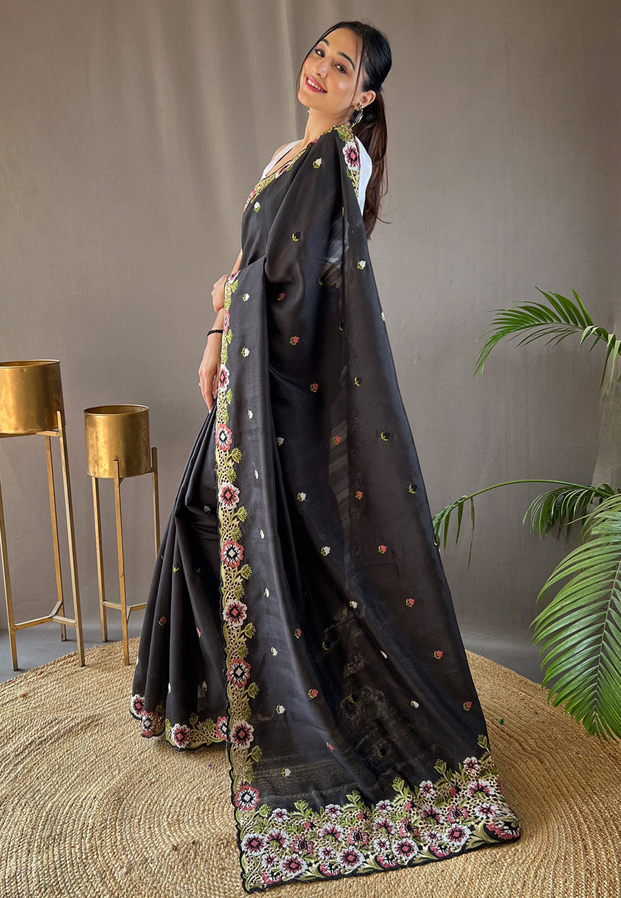 Buy MySilkLove Mine Shaft Black Embroidered Tussar Silk Saree Online