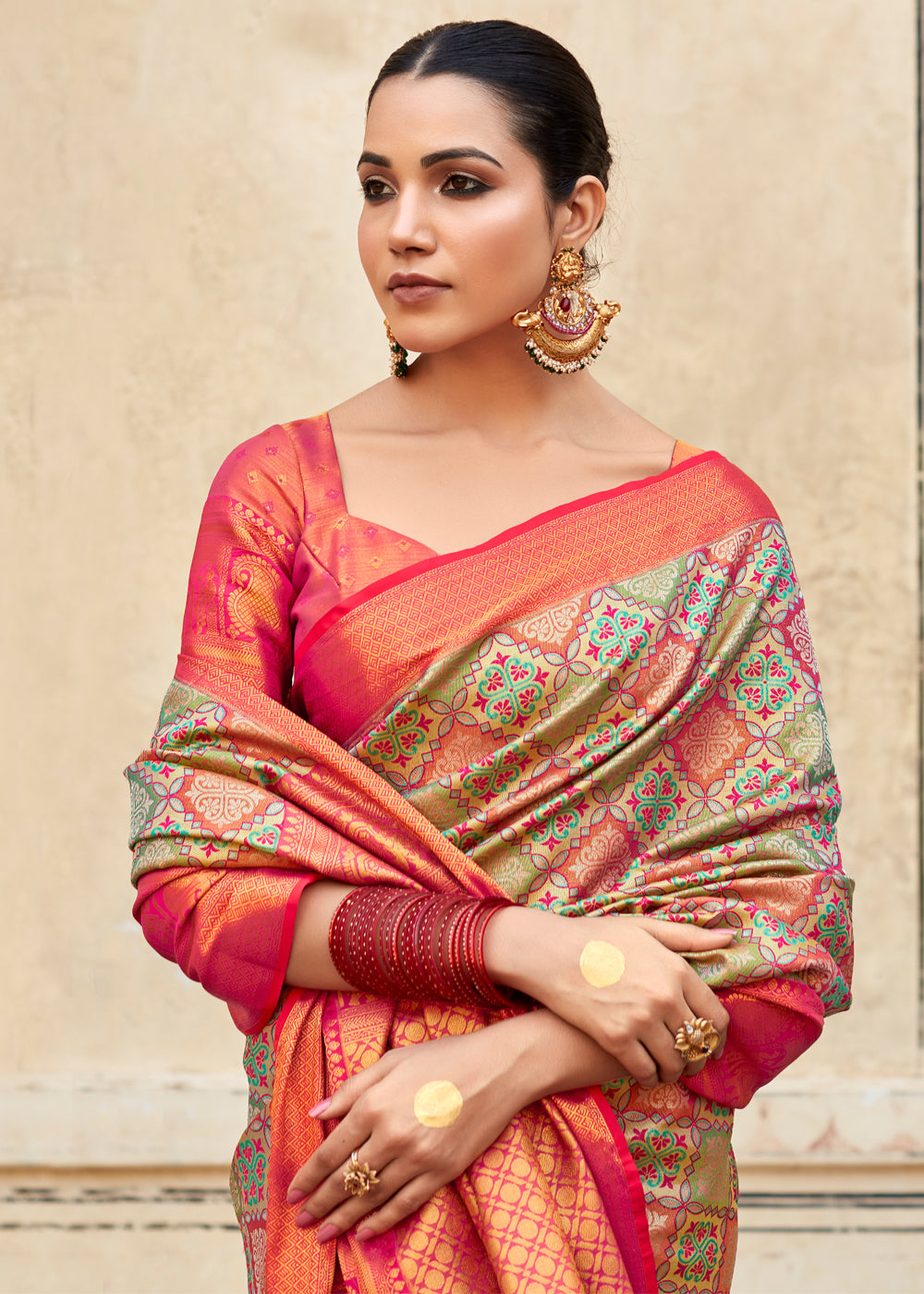 Buy MySilkLove Indian Khaki Green and Red Woven Banarasi Silk Saree Online