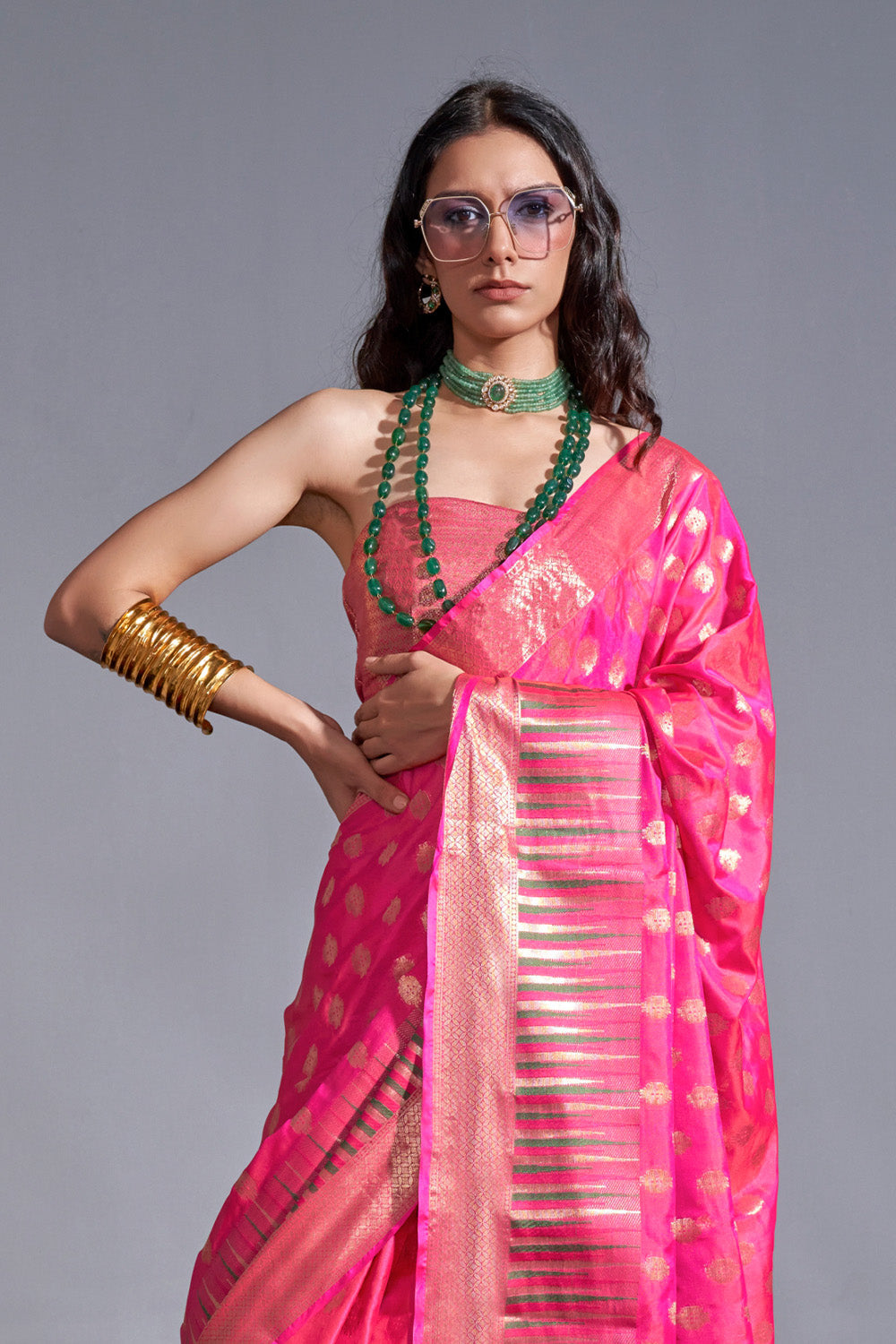 Buy MySilkLove Hot Pink Banarasi Handloom Temple Border Silk Saree Online