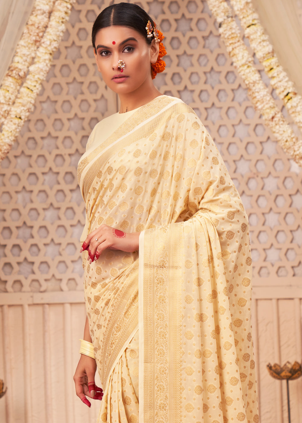 Buy MySilkLove Manhattan Cream Woven Georgette Saree Online