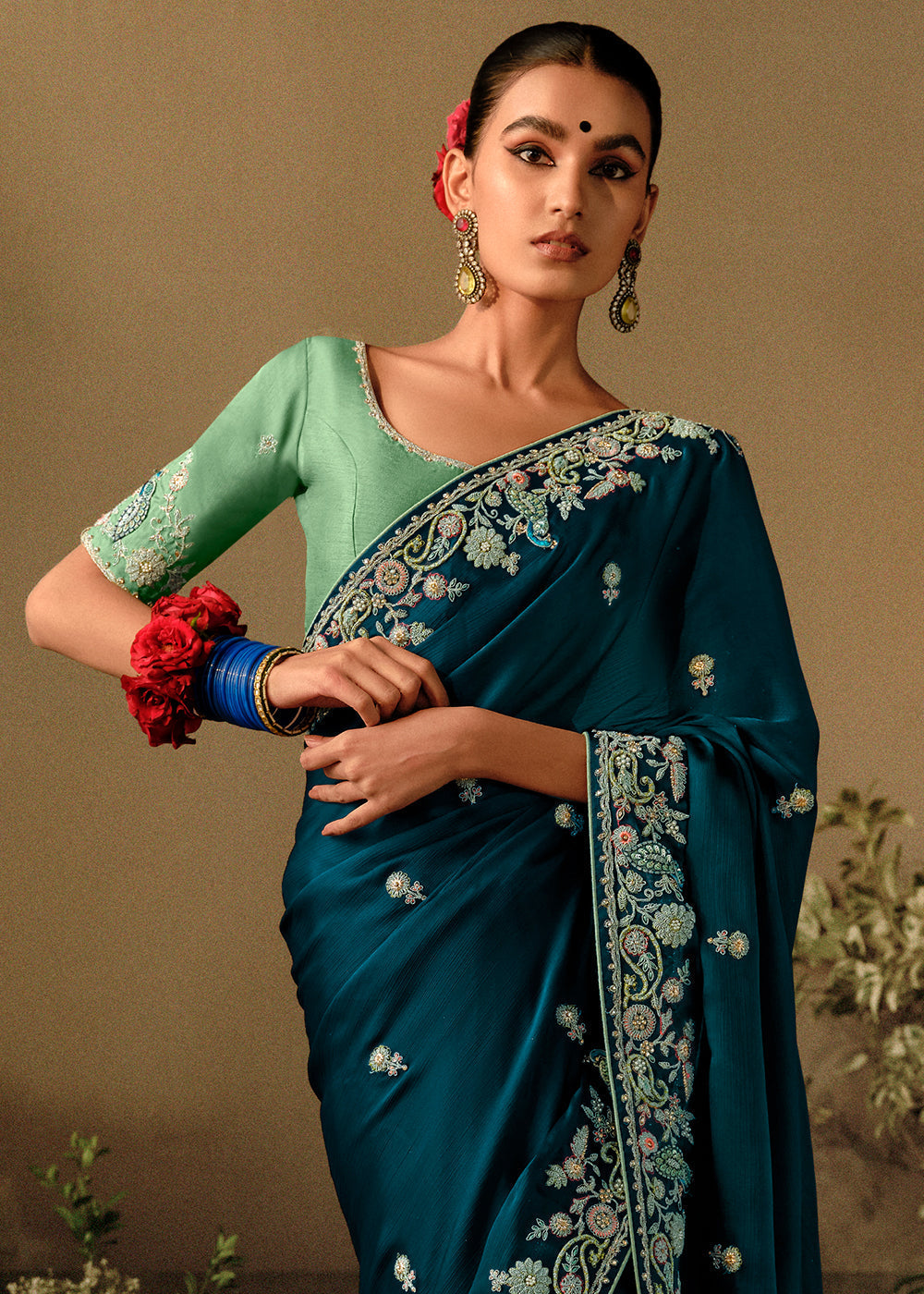 Buy MySilkLove Cosmic Cobalt Blue Embroidery Designer Banarasi Dola Silk Saree Online