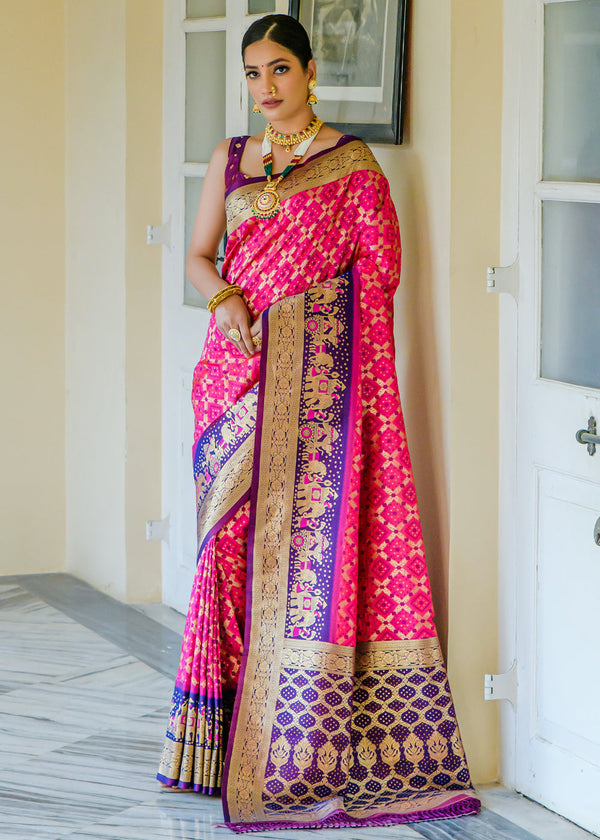 Magenta Pink Woven Banarasi Bandhani Silk Saree