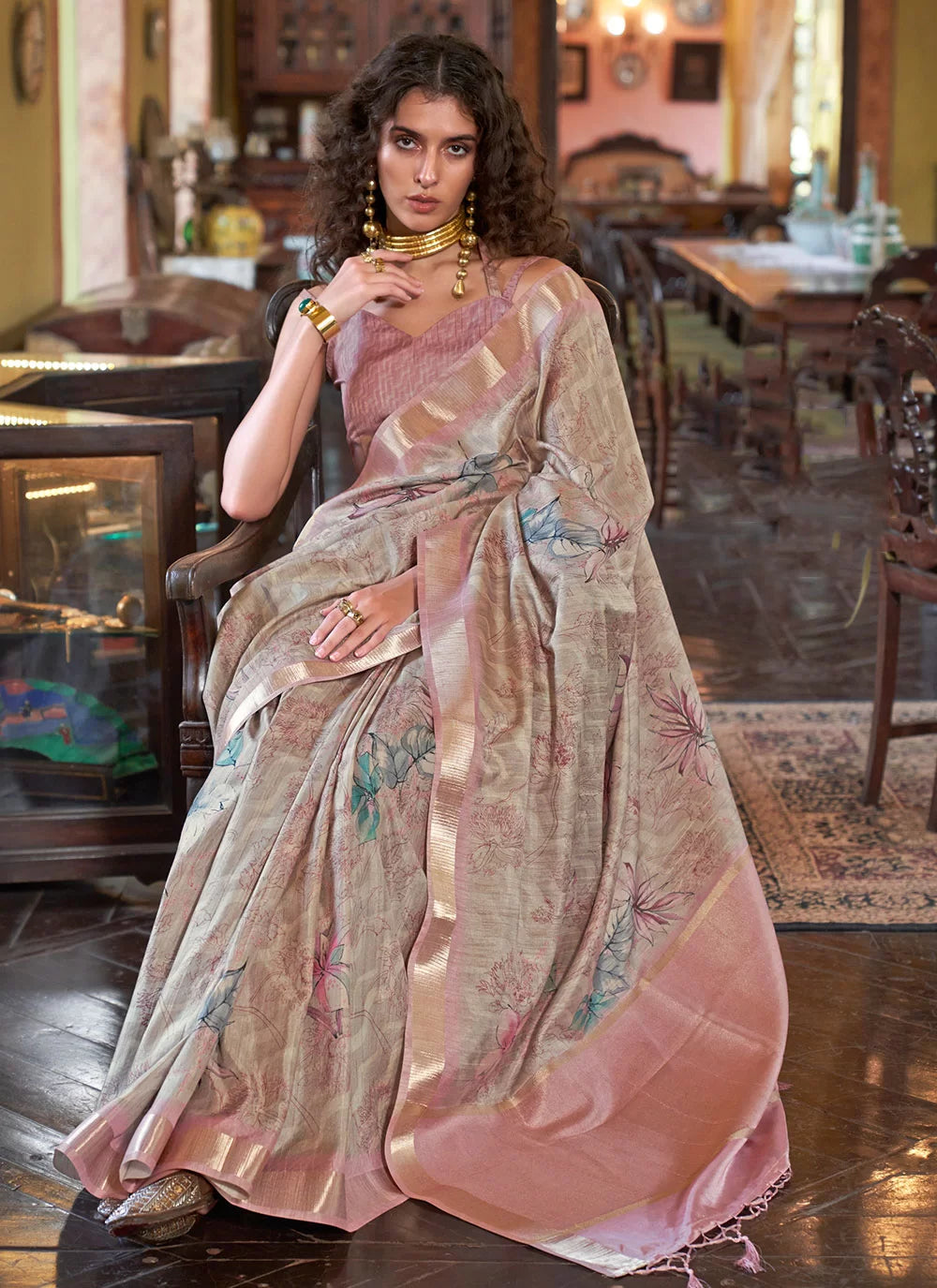 Buy MySilkLove Sandrift Brown Banarasi Floral Printed Saree Online