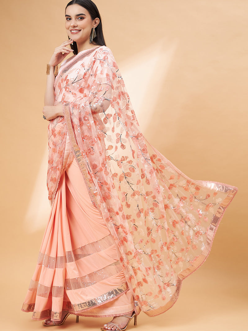 Peach Designer Saree In Self Jacquard Georgette