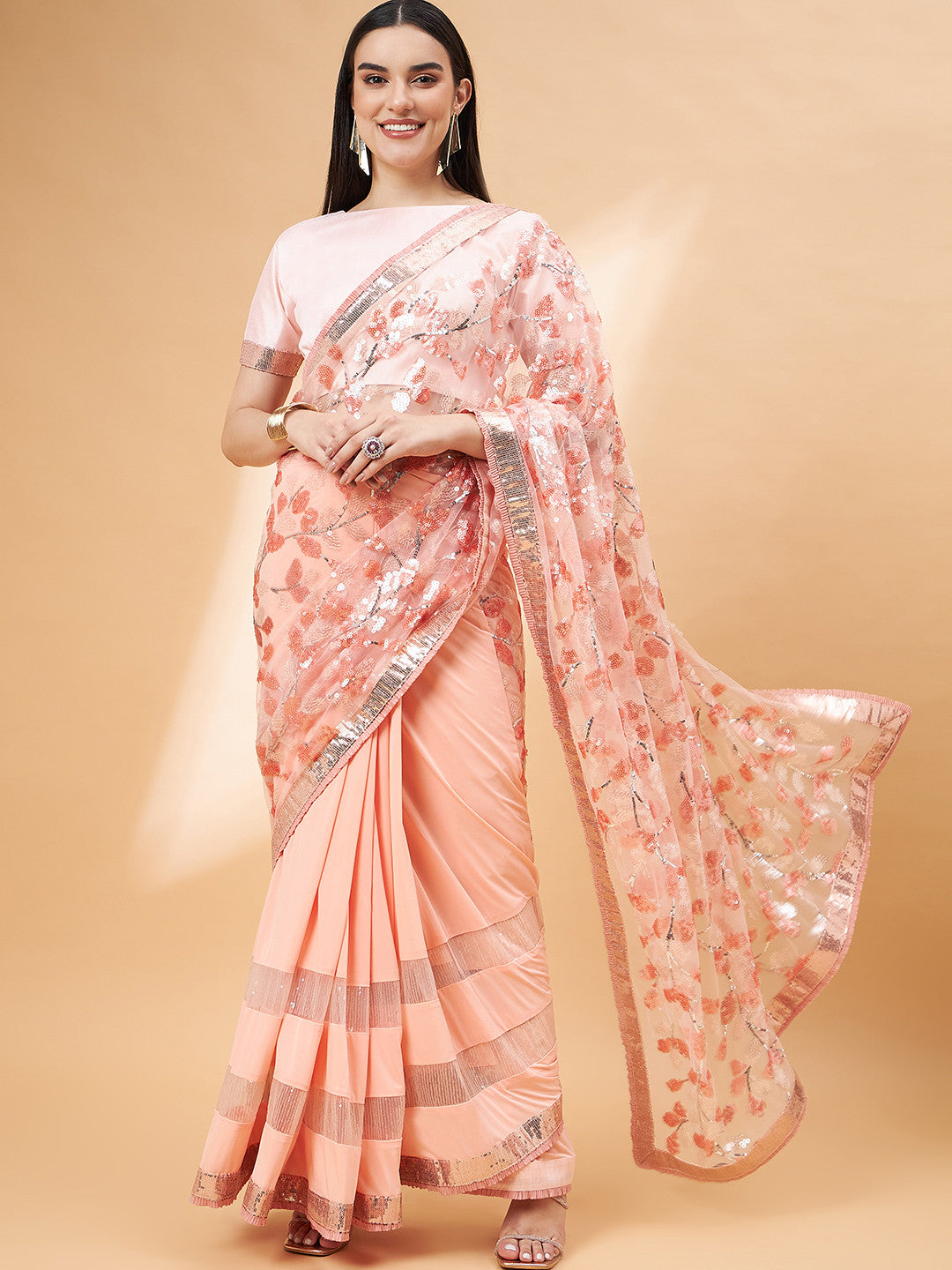 Buy MySilkLove Plum Peach Georgette Designer Saree Online