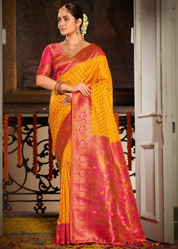 Buttercup Yellow and Red Woven Banarasi Silk Saree