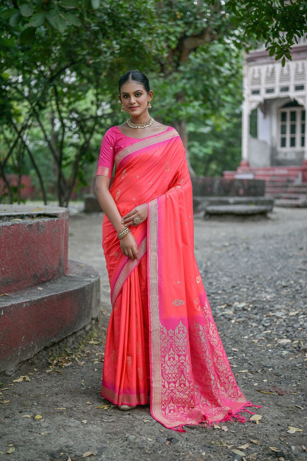 Buy MySilkLove Fiery Rose Orange Banarasi Soft Silk Saree Online