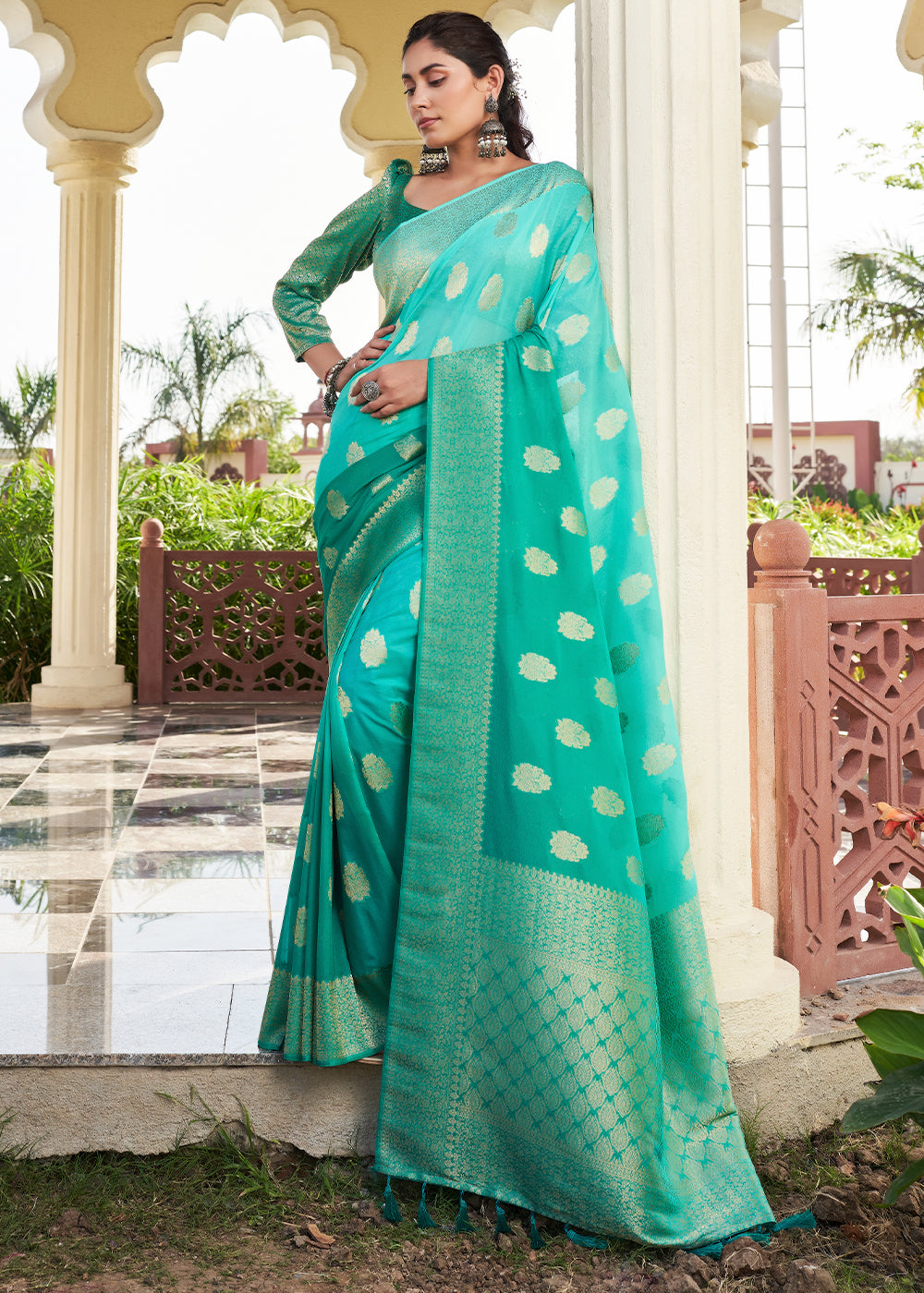 Buy MySilkLove Robins Egg Blue Zari Woven Georgette Saree Online