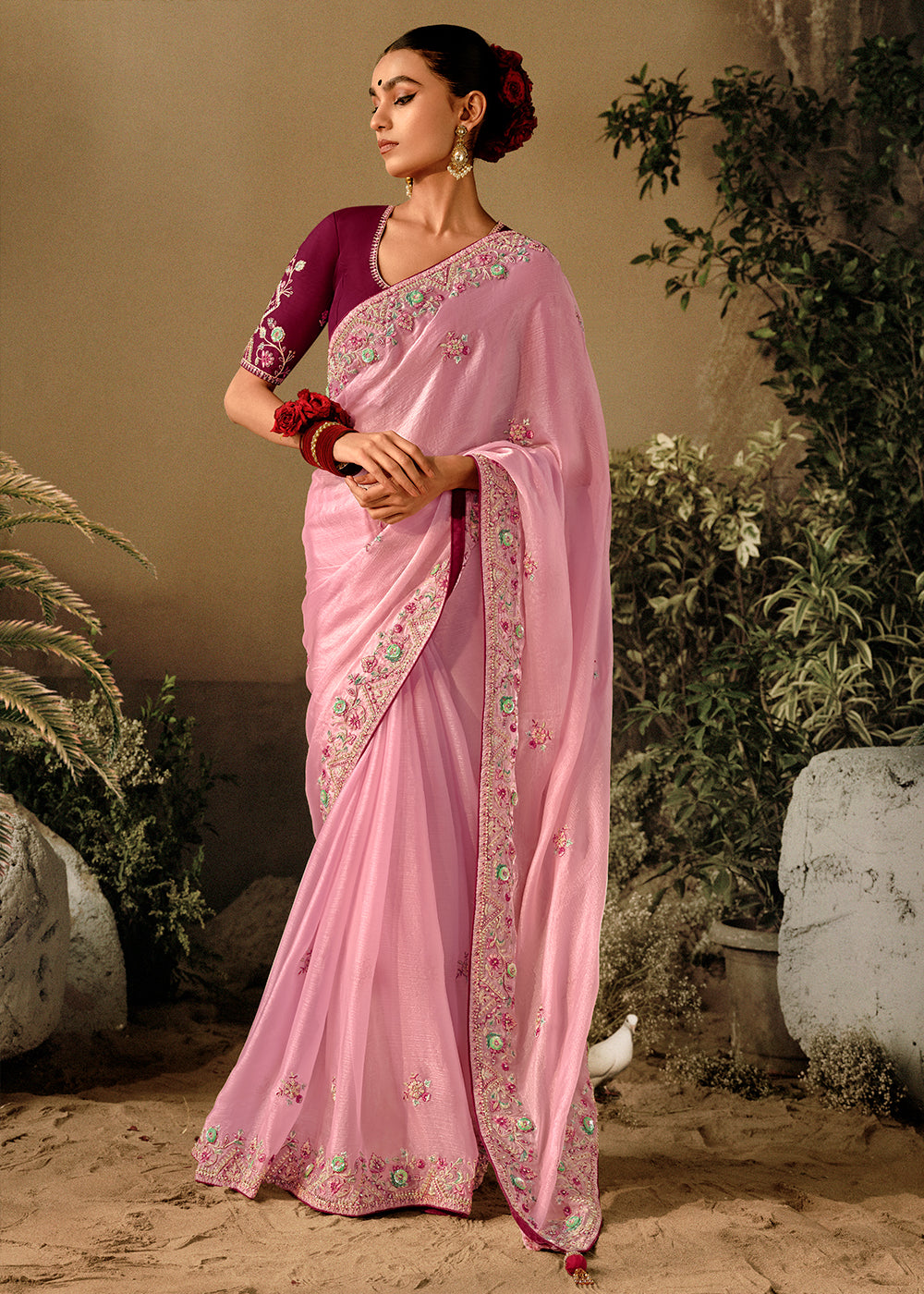 Buy MySilkLove Shilo Pink Embroidery Designer Banarasi Dola Silk Saree Online