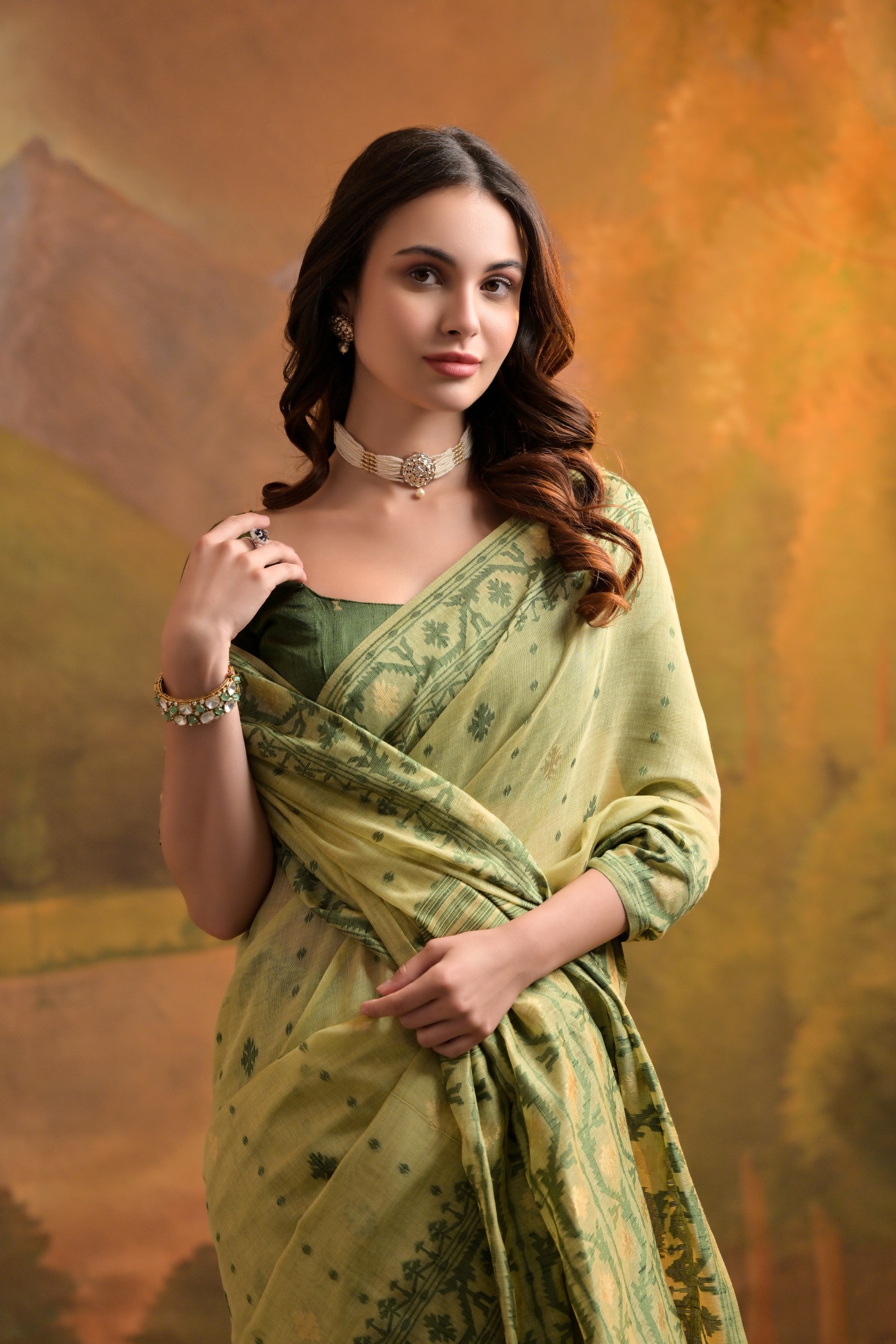 MySilkLove Green Smoke Jamdani Woven Muga Cotton Saree