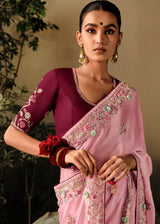 Shilo Pink Embroidery Designer Banarasi Dola Silk Saree