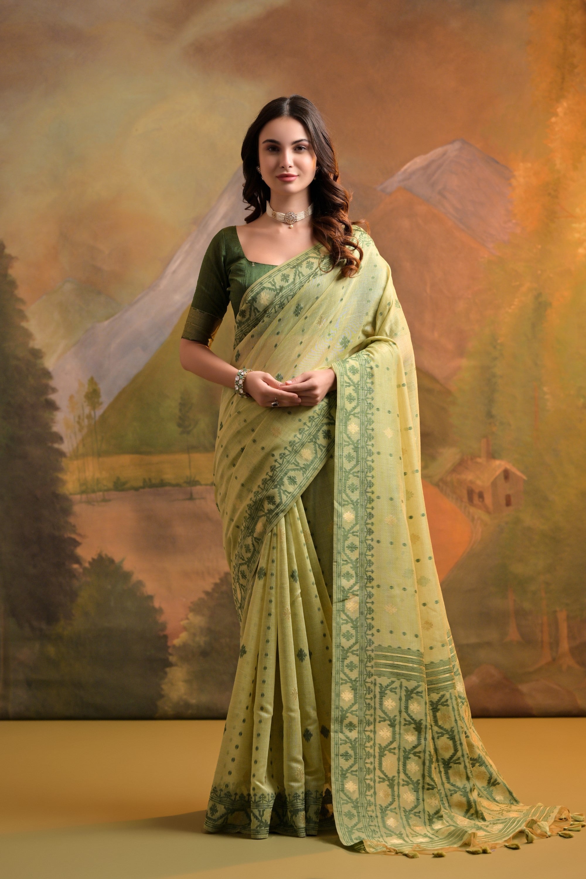 Buy MySilkLove Green Smoke Jamdani Woven Muga Cotton Saree Online