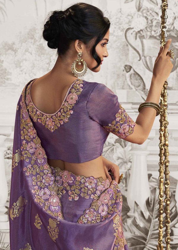 Amethyst Purple Embroidered Designer Silk Saree