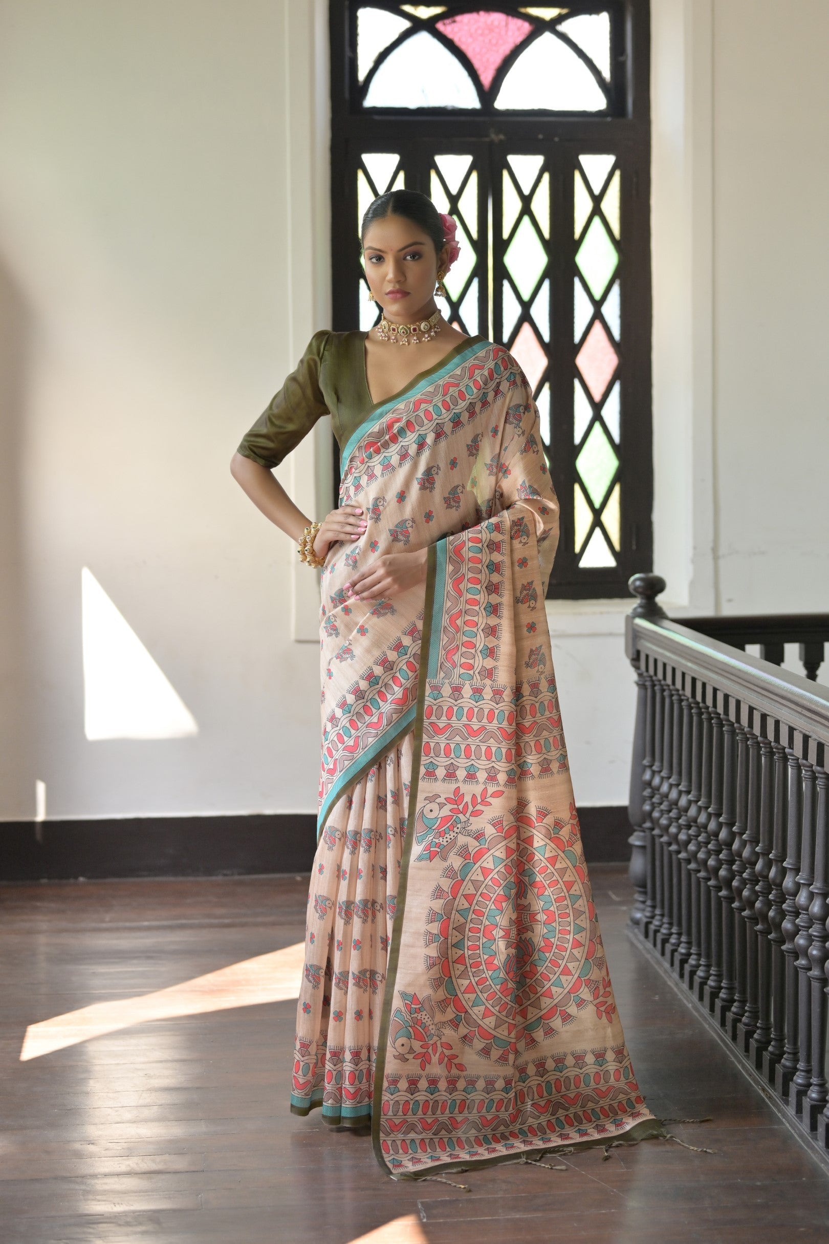 Buy MySilkLove Akaroa Cream and Green Madhubani Printed Tussar Silk Saree Online