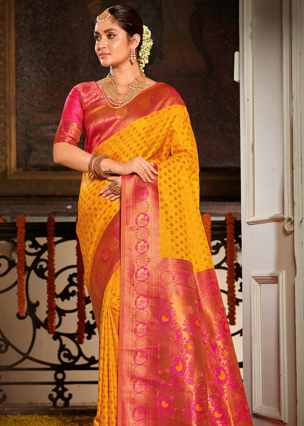 Buy MySilkLove Buttercup Yellow and Red Woven Banarasi Silk Saree Online