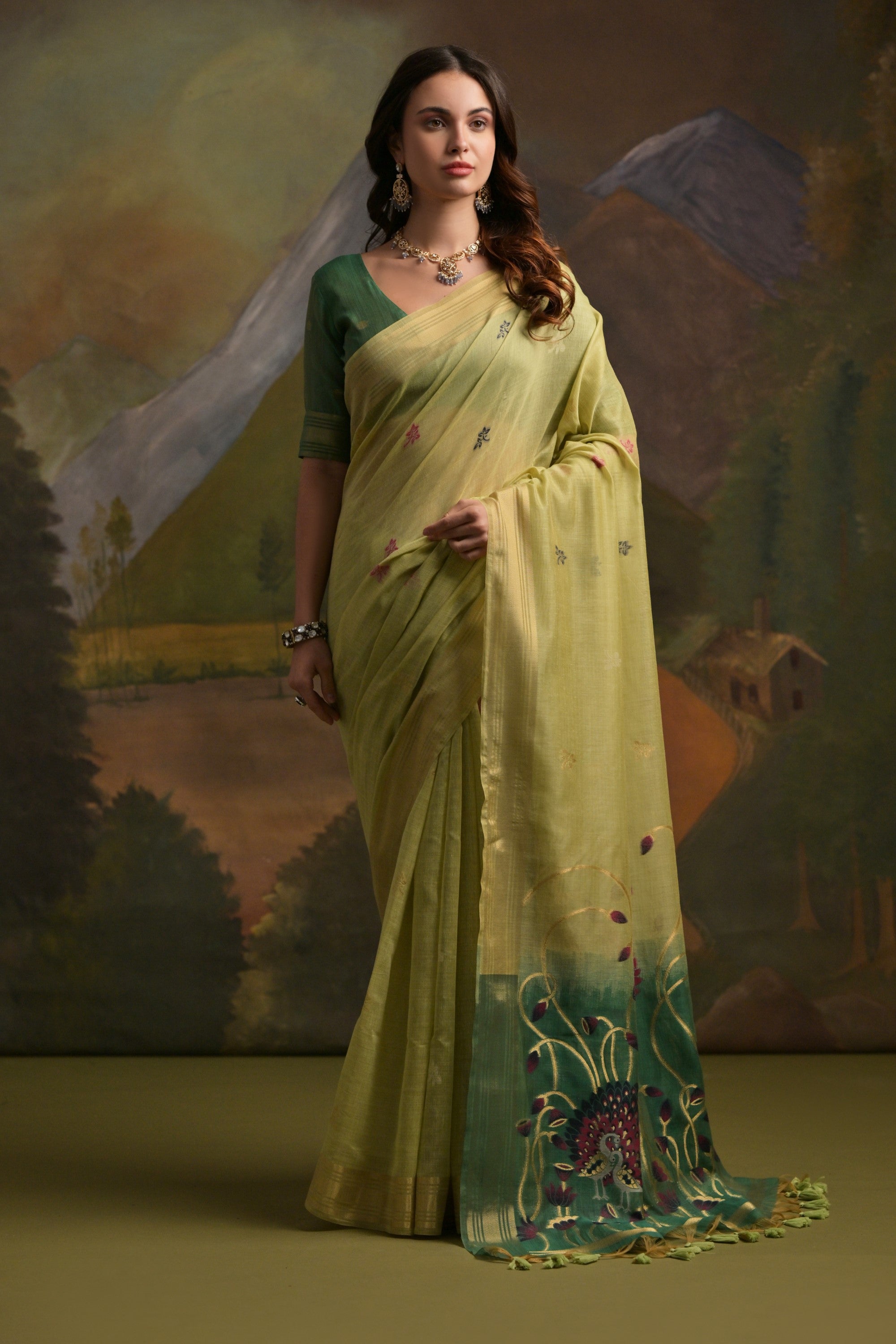 Buy MySilkLove Kelly Green Pichwai Woven Muga Cotton Saree Online