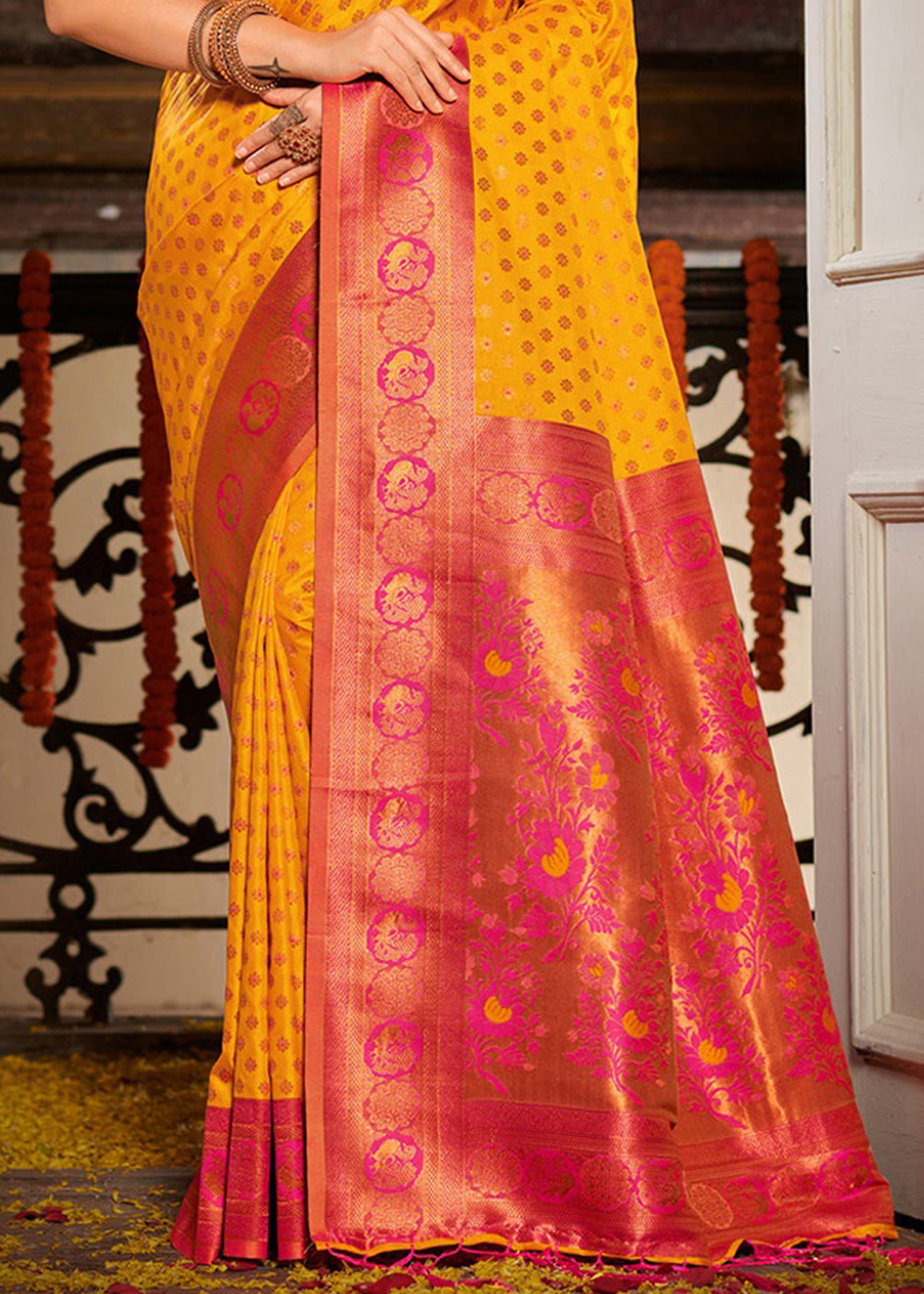 Buy MySilkLove Buttercup Yellow and Red Woven Banarasi Silk Saree Online