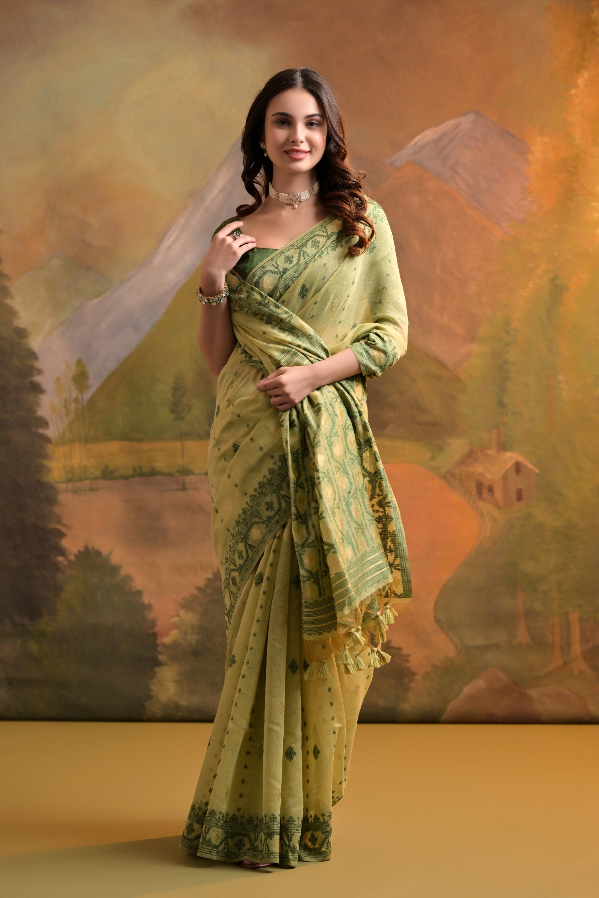 Buy MySilkLove Green Smoke Jamdani Woven Muga Cotton Saree Online