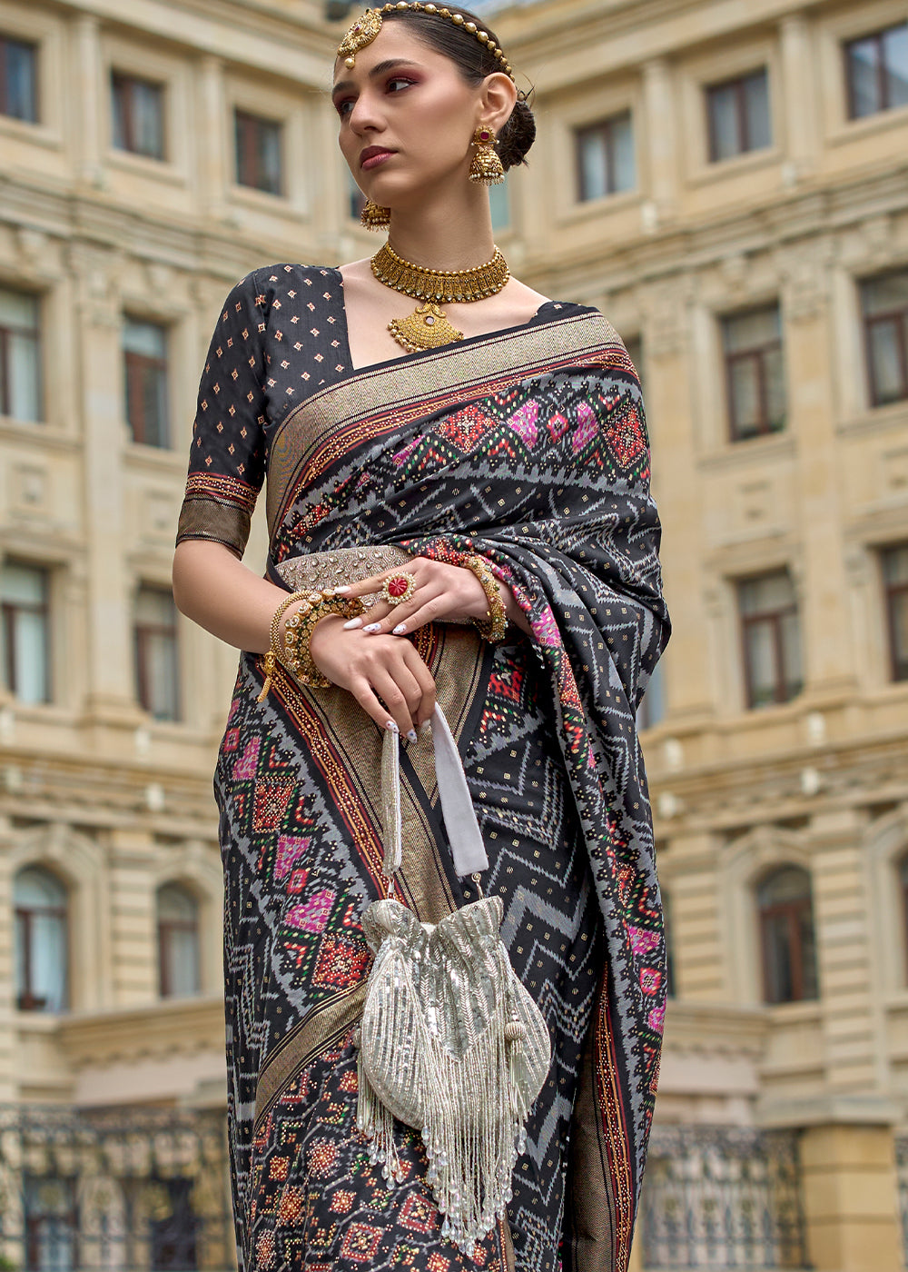 Buy MySilkLove Clover Black Printed Patola Silk Saree Online