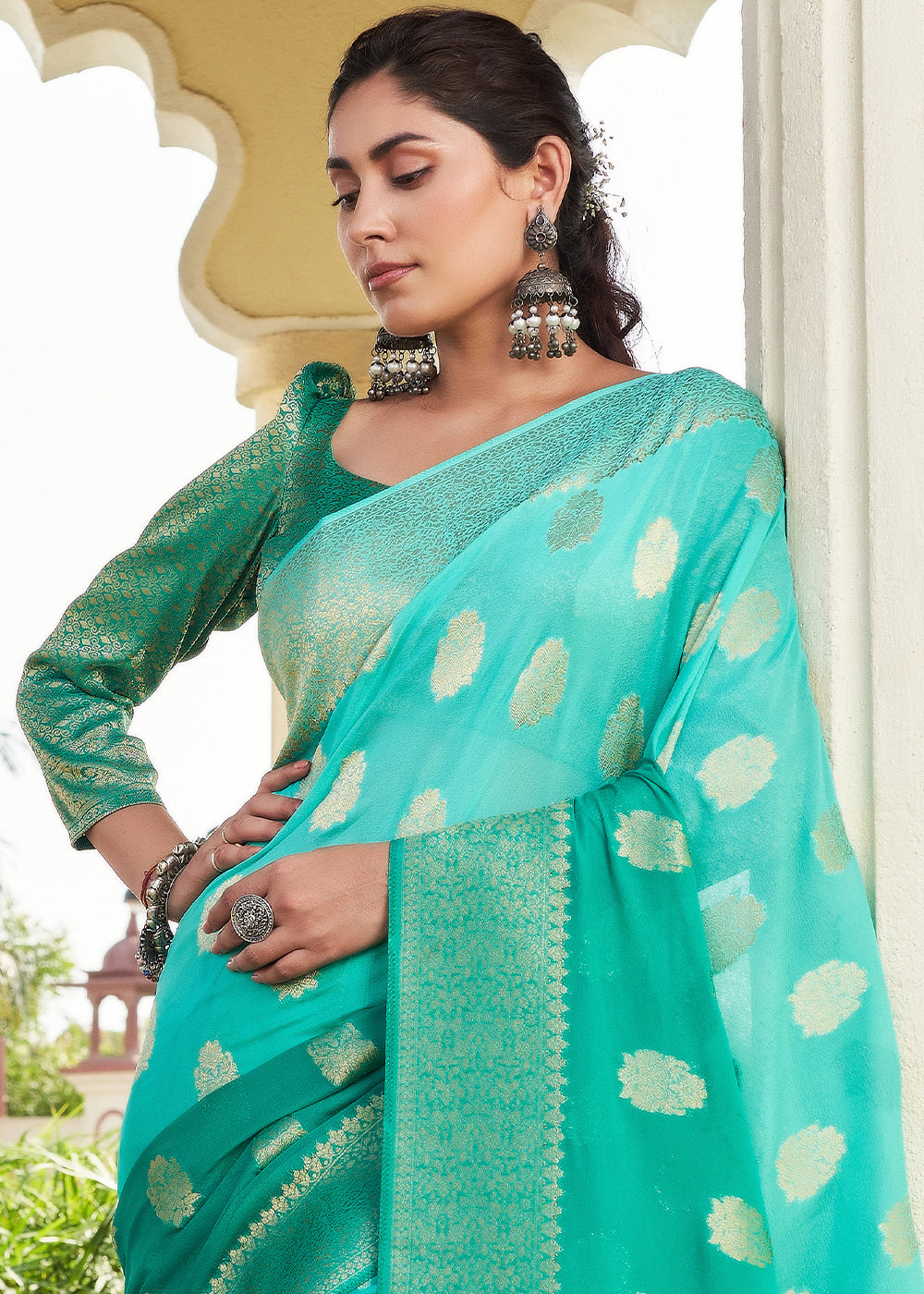 Buy MySilkLove Robins Egg Blue Zari Woven Georgette Saree Online