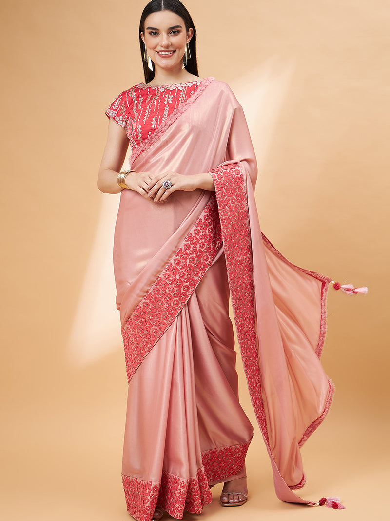 Light pink fancy tussar embroidered Designer saree with intricate motifs  all over the saree, embroidered border