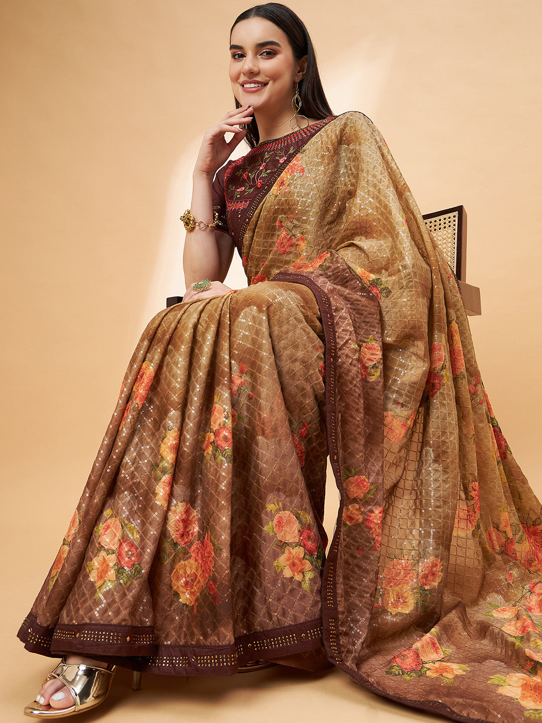 Buy MySilkLove Pastry Brown Georgette Designer Saree Online