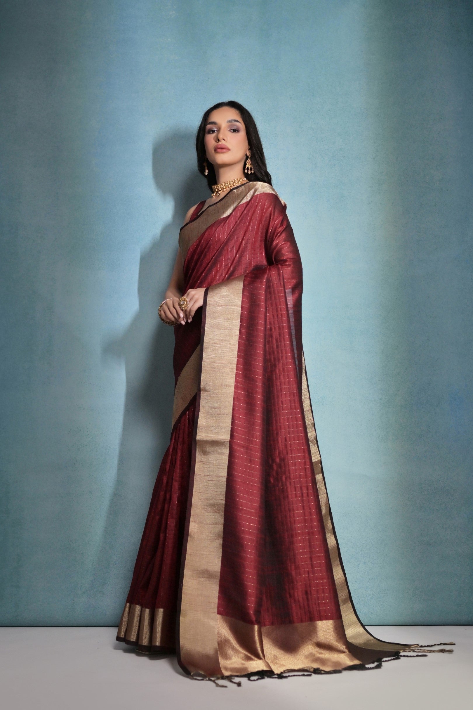 Buy MySilkLove Saddle Maroon Woven Raw Silk Saree Online