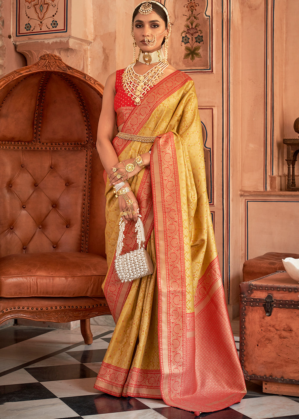 Buy MySilkLove Sunset Pearl Yellow Zari Woven Banarasi Silk Saree Online