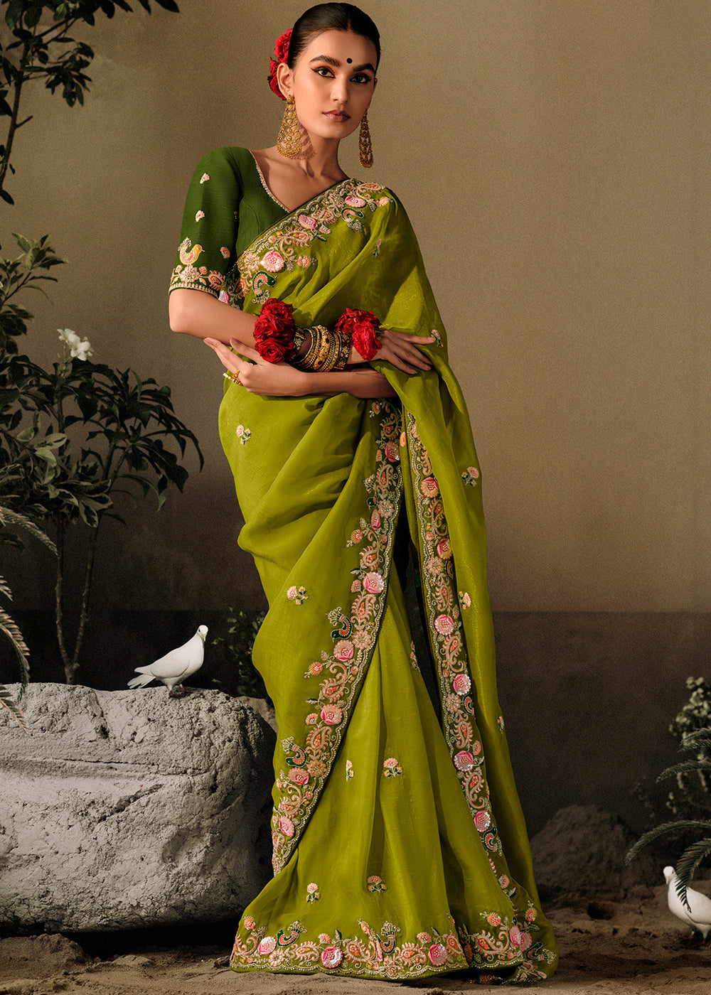 MySilkLove Verdun Green Embroidery Designer Banarasi Dola Silk Saree