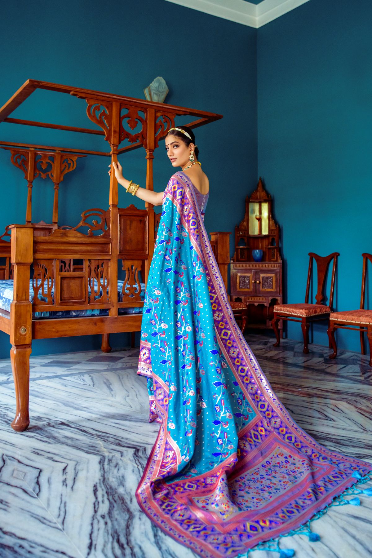 Buy MySilkLove Royal Blue Patola Fusion Paithani Silk Saree Online