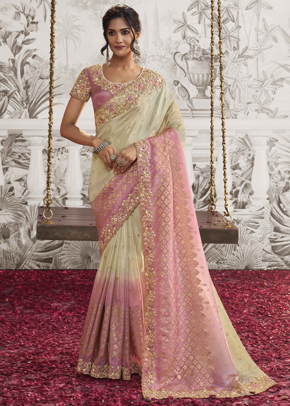 Buy MySilkLove Timid Cream and Pink Embroidered Designer Silk Saree Online