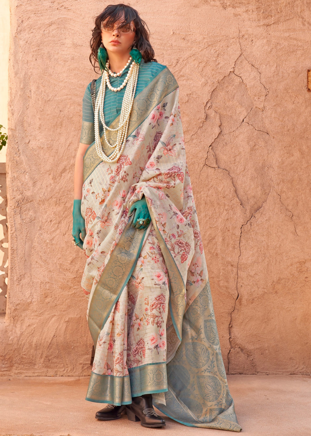 Buy MySilkLove Beige Cream and Green Georgette Handloom Printed Saree Online