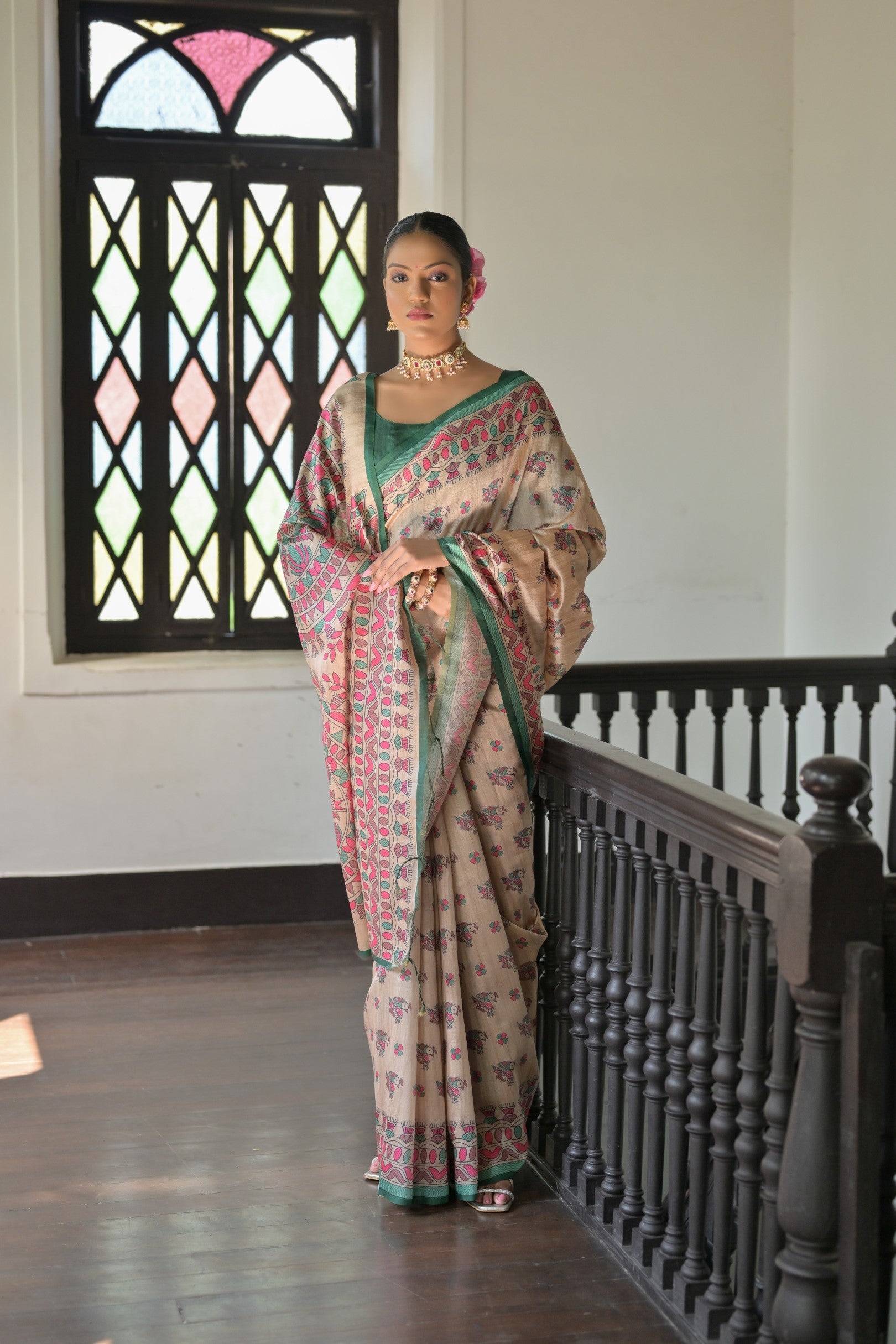 Buy MySilkLove Almond Cream and Green Madhubani Printed Tussar Silk Saree Online