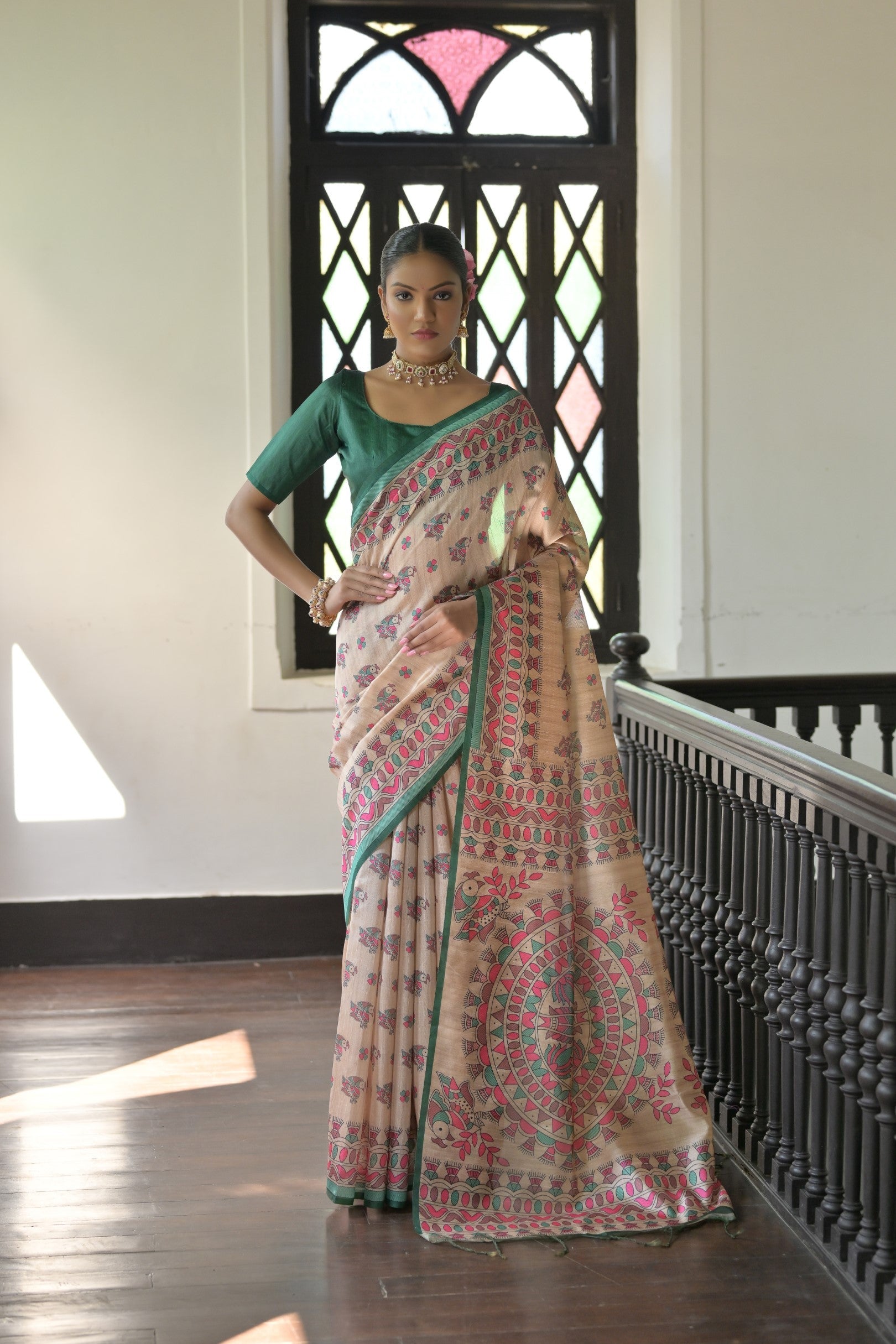 Buy MySilkLove Almond Cream and Green Madhubani Printed Tussar Silk Saree Online