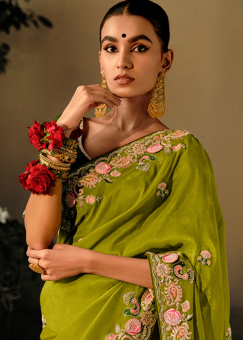 MySilkLove Verdun Green Embroidery Designer Banarasi Dola Silk Saree