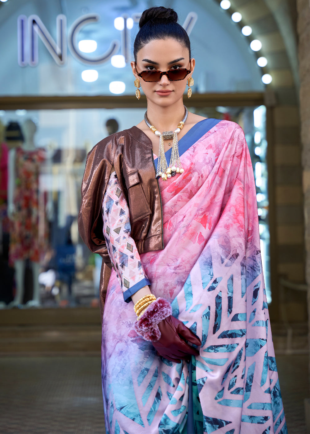 MySilkLove Middle Blue and Pink Digital Printed Satin Silk Saree