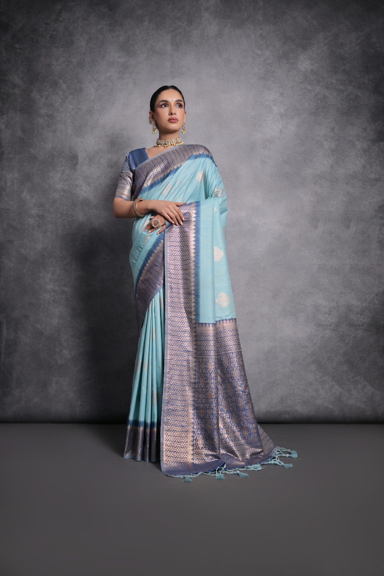 Buy MySilkLove Sinbad Blue Tussar Temple Border Silk Saree Online