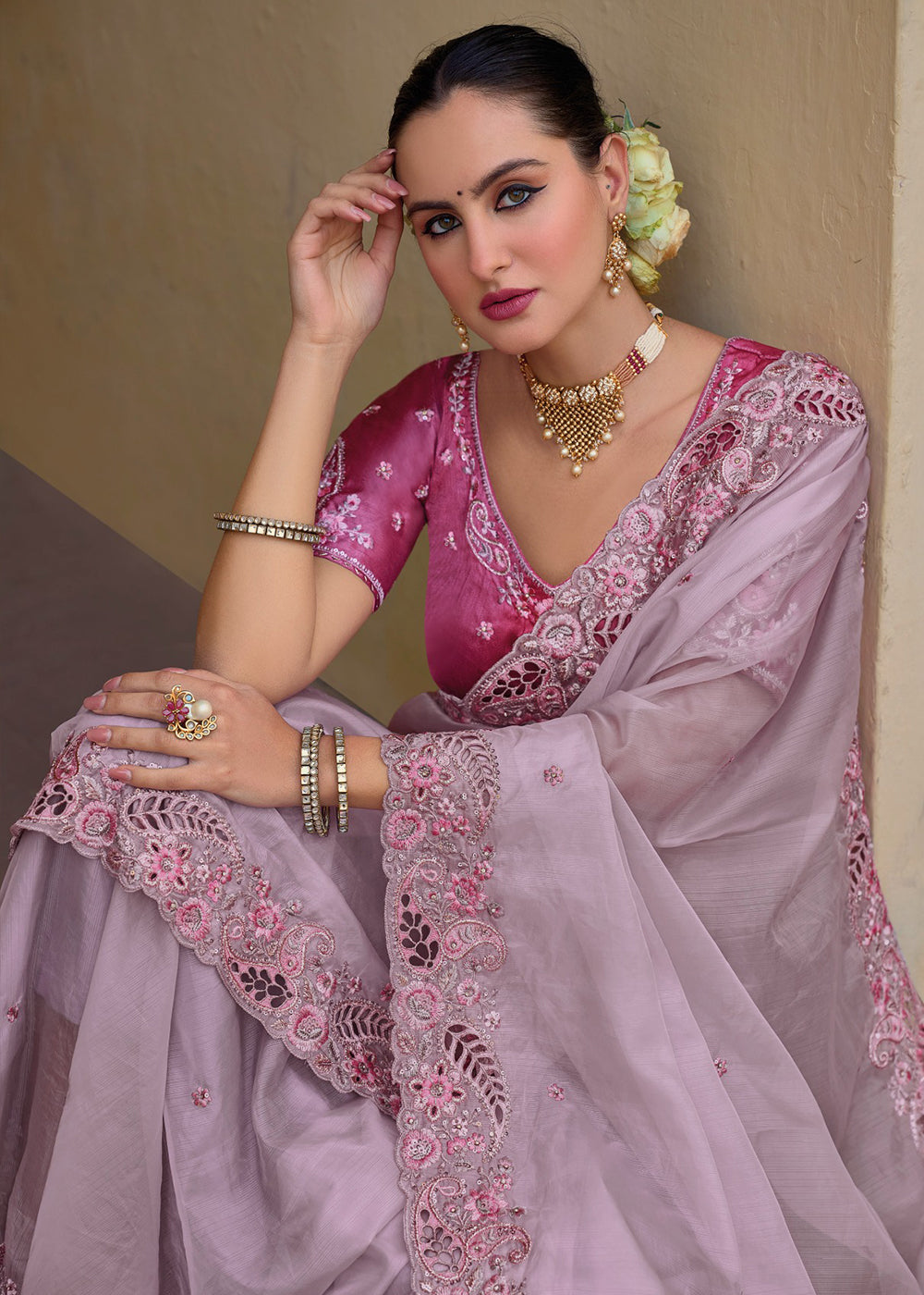 Buy MySilkLove Lily Pink Tissue Organza Embroidered Silk Saree Online