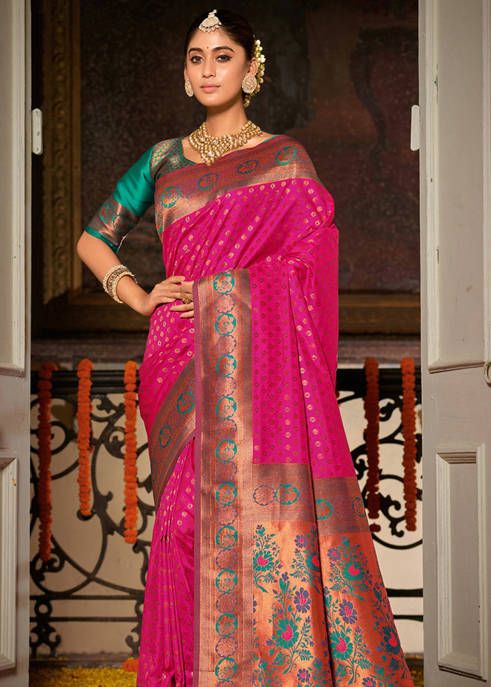 Buy MySilkLove Pink and Green Woven Banarasi Silk Saree Online