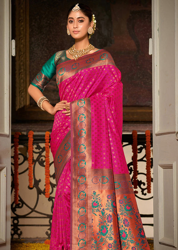 Pink and Green Woven Banarasi Silk Saree