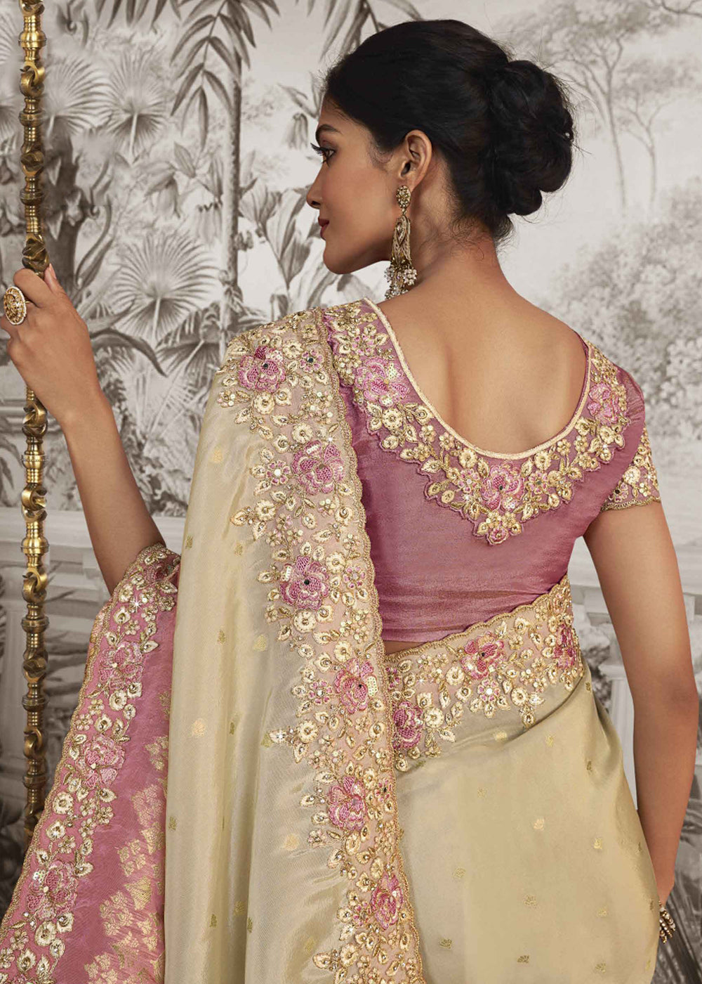 Buy MySilkLove Timid Cream and Pink Embroidered Designer Silk Saree Online