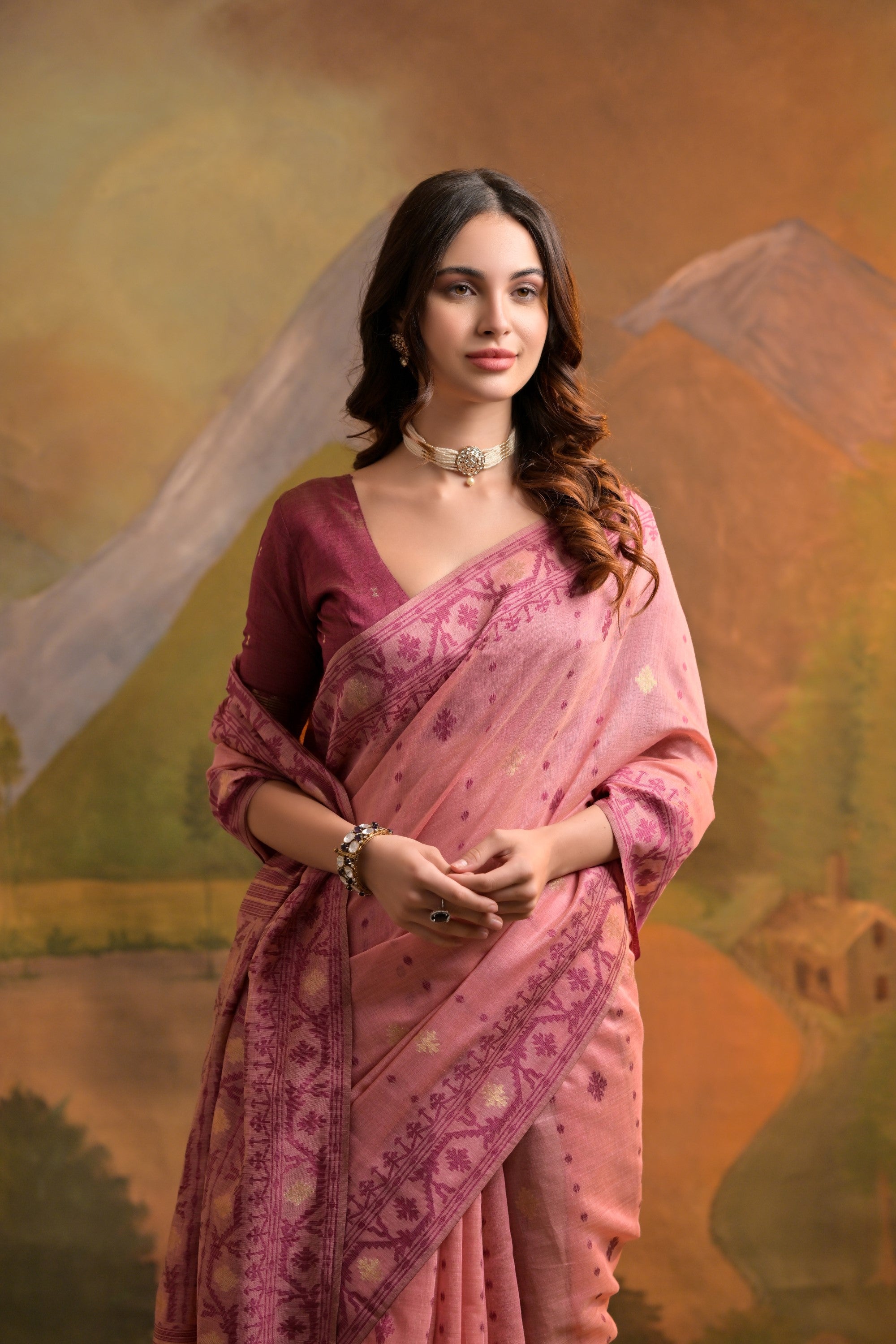 Buy MySilkLove Charm Pink Jamdani Woven Muga Cotton Saree Online