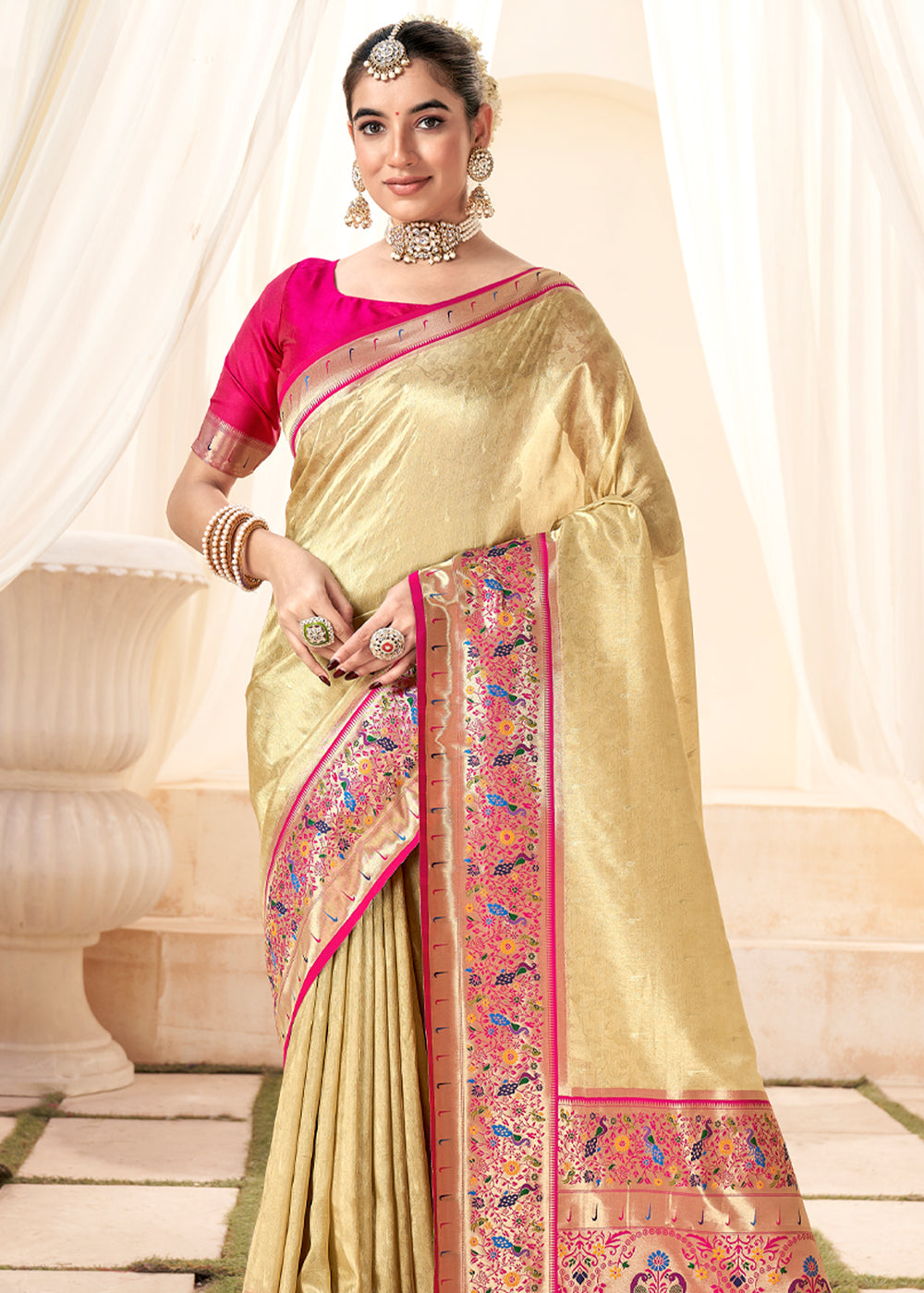 Buy MySilkLove Laser Golden Woven Paithani Tissue Silk Saree Online