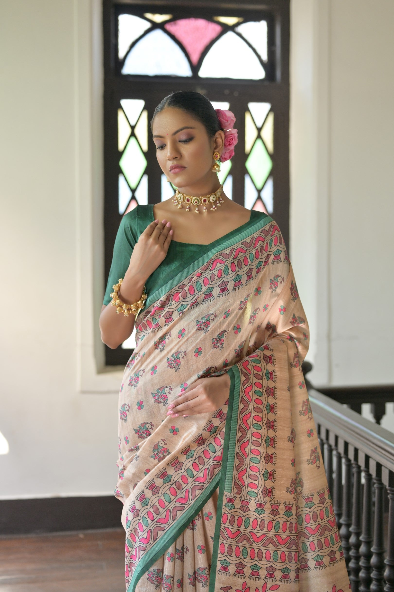 Buy MySilkLove Almond Cream and Green Madhubani Printed Tussar Silk Saree Online