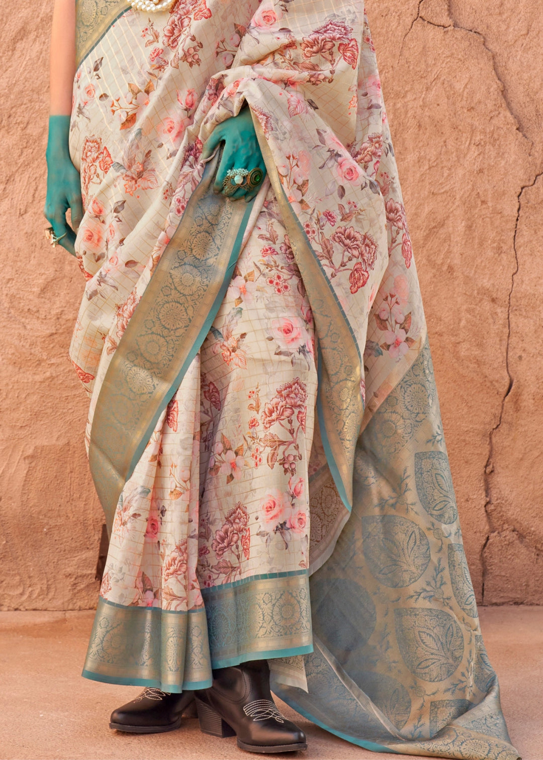 Buy MySilkLove Beige Cream and Green Georgette Handloom Printed Saree Online