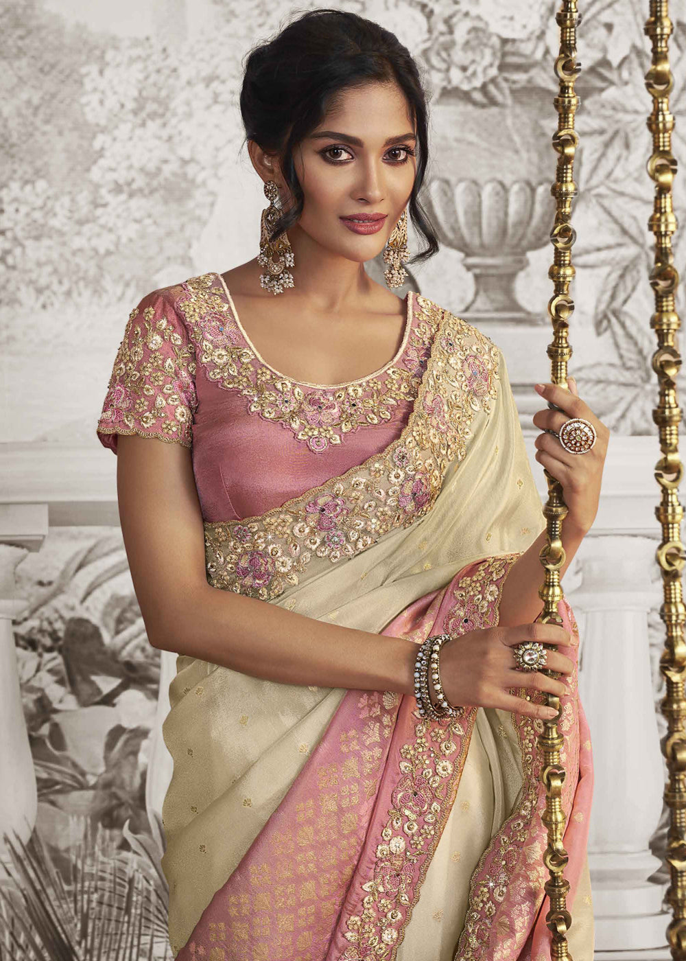 Buy MySilkLove Timid Cream and Pink Embroidered Designer Silk Saree Online